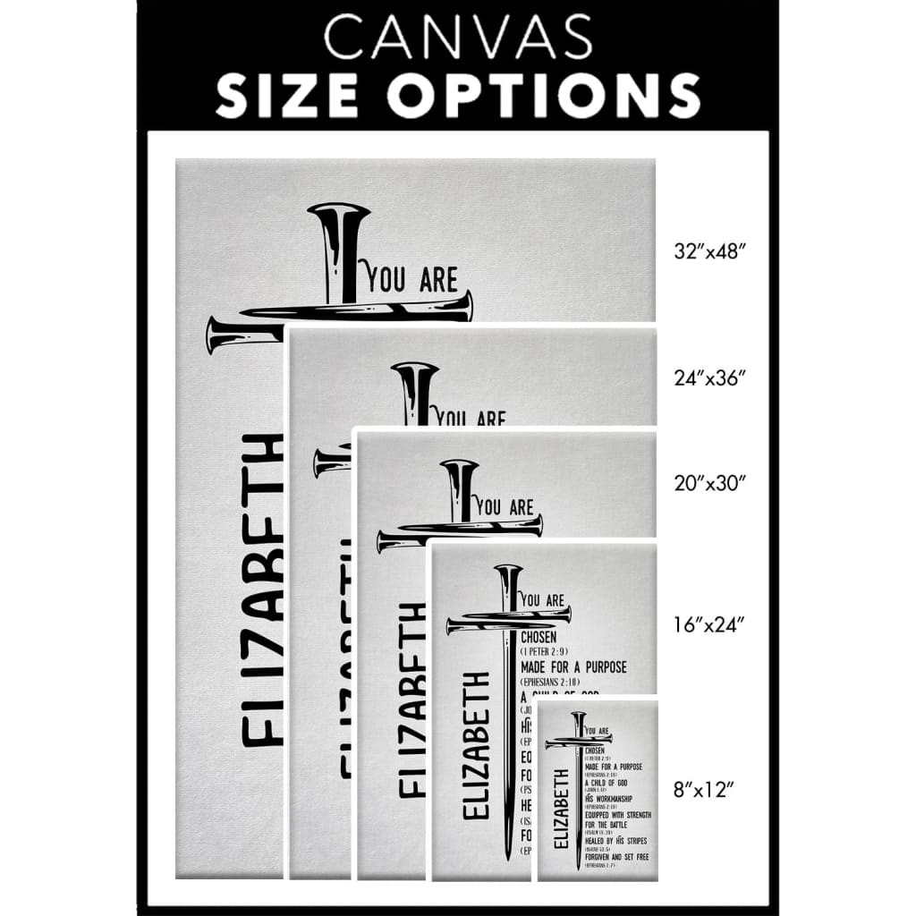 "Chosen Made for a Purpose Child of God" wall art canvas with custom name, encouraging Christian message for gifting / size options.