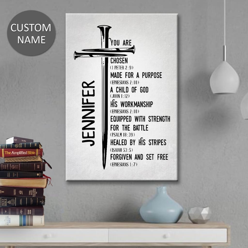 Inspirational Christian wall art with personalized name, "Chosen Made for a Purpose Child of God," ideal Christian gift ideas.