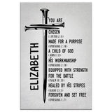 Custom name Christian wall art canvas featuring "Chosen Made for a Purpose Child of God," an uplifting Christian message, perfect for gifts.