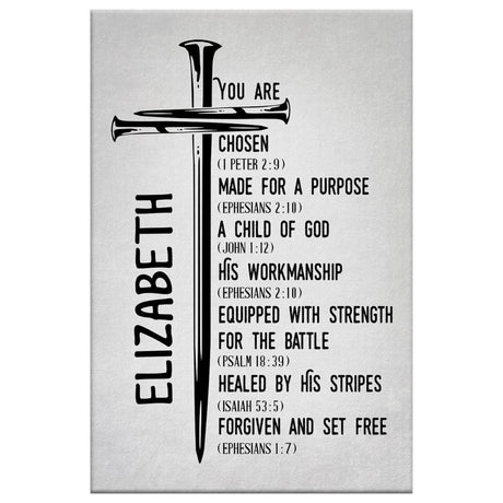 Custom name Christian wall art canvas featuring "Chosen Made for a Purpose Child of God," an uplifting Christian message, perfect for gifts.