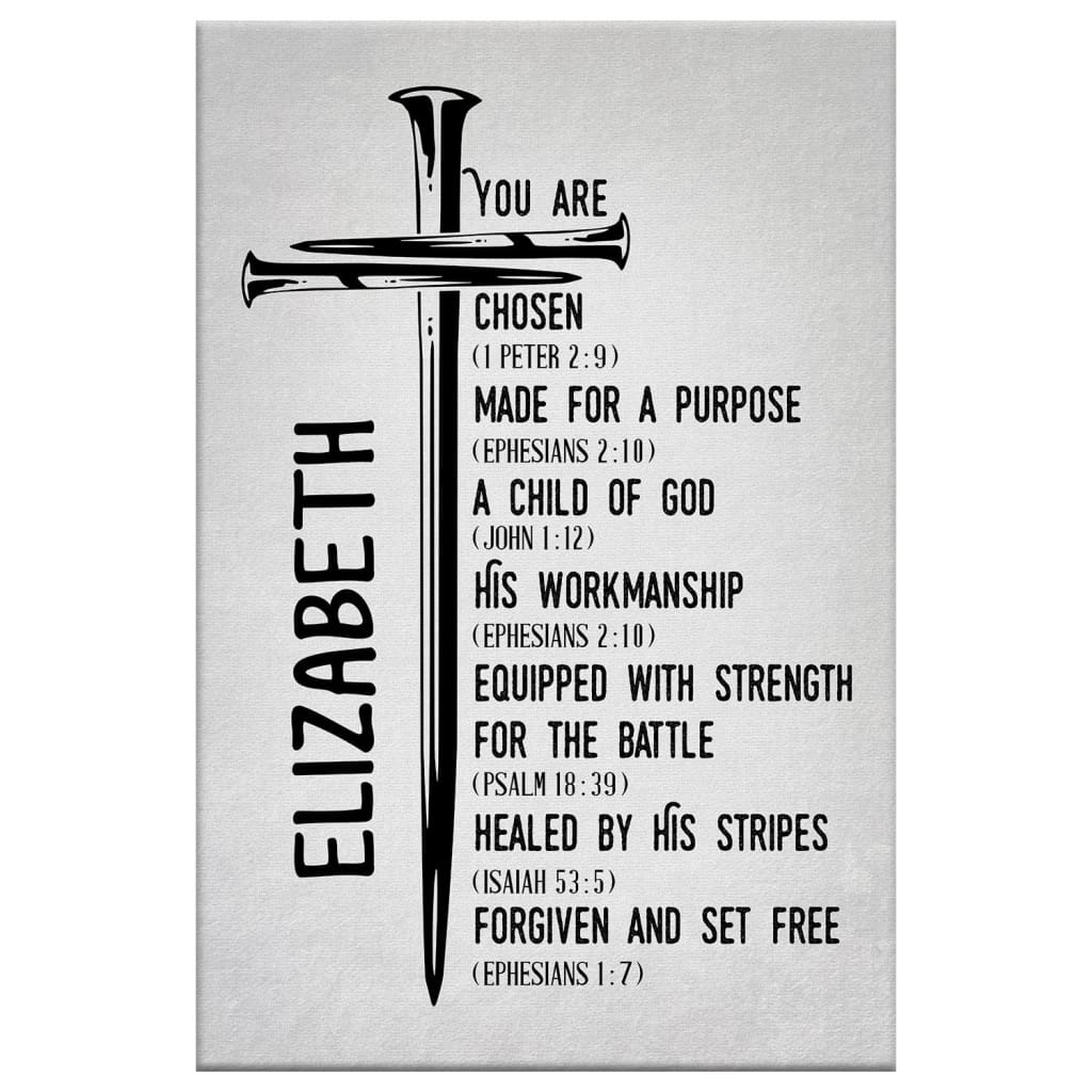 Custom name Christian wall art canvas featuring "Chosen Made for a Purpose Child of God," an uplifting Christian message, perfect for gifts.