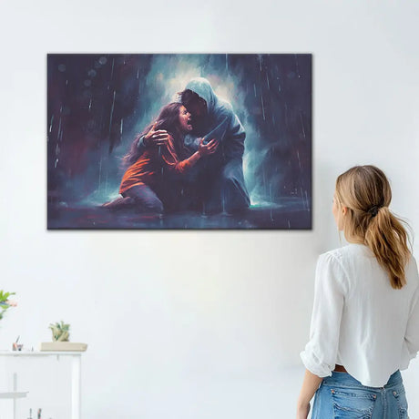 Christian Art: Jesus Holds A Woman In The Storm Wall Art Canvas