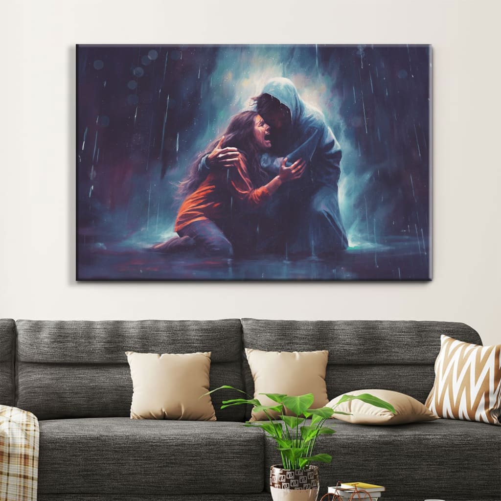 Jesus Holds A Woman In The Storm Wall Art Canvas, Christian Art, Jesus Artwork