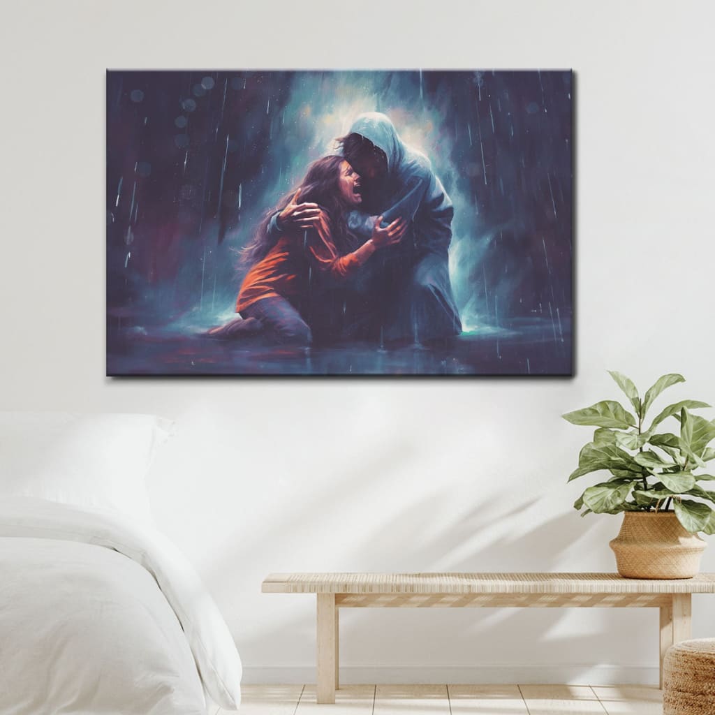 Christian Art: Jesus Holds A Woman In The Storm Wall Art Canvas