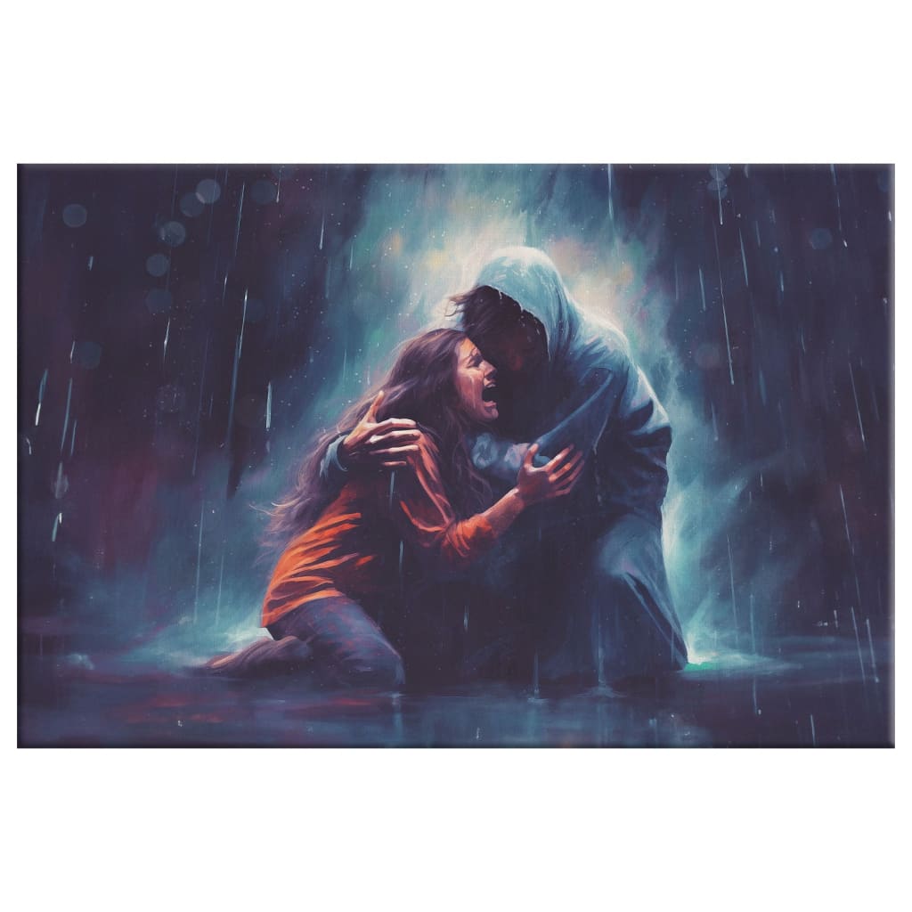 Inspirational canvas print with Jesus embracing a woman during a storm, ideal Christian wall art for homes.