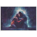 Inspirational canvas print with Jesus embracing a woman during a storm, ideal Christian wall art for homes.
