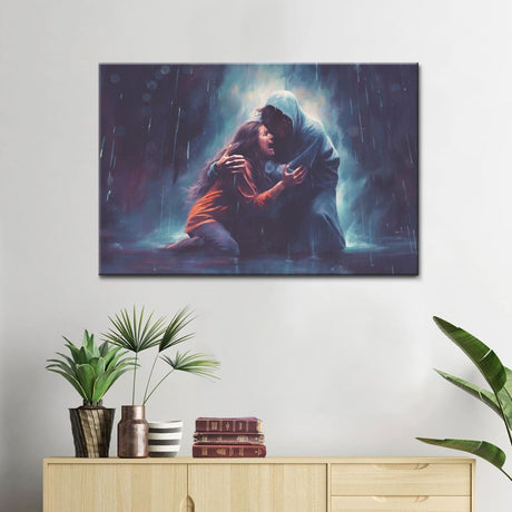 Christian wall art featuring Jesus holding a woman in the storm, perfect faith-based home decor for strength and comfort.