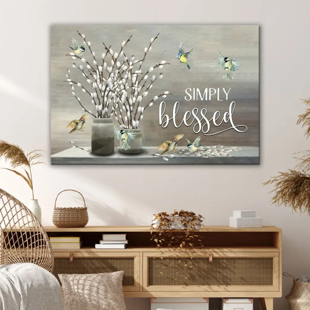 "Simply Blessed" wall decor, inspiring Christian canvas art, ideal for gifts or home decoration.