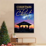 Christian wall art featuring "Christmas Begins With Christ" with a nativity scene, perfect faith-based holiday decor.