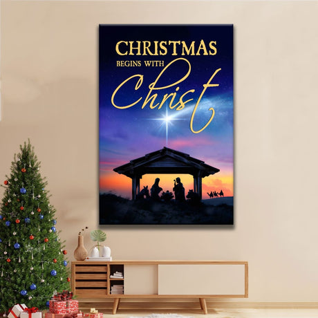 Christian wall art featuring "Christmas Begins With Christ" with a nativity scene, perfect faith-based holiday decor.