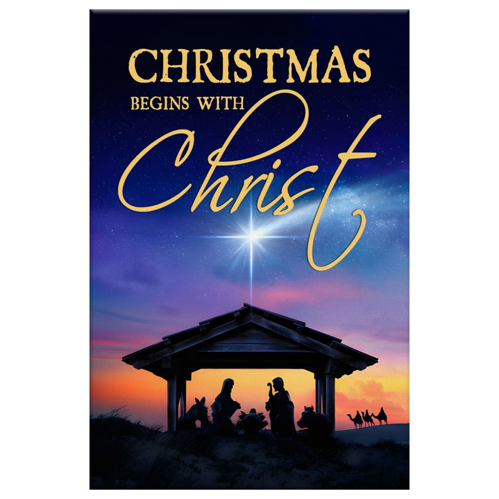 Religious wall art canvas with &quot;Christmas Begins With Christ&quot; and nativity art, perfect for faith-filled Christmas home decor.