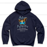 Christian hoodies: With God all things are possible cross butterfly Bible verse hoodie Navy / S