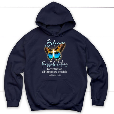 Christian hoodies: With God all things are possible cross butterfly Bible verse hoodie Navy / S