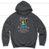 Christian hoodies: With God all things are possible cross butterfly Bible verse hoodie Dark Heather / S