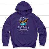 Christian hoodies: With God all things are possible cross butterfly Bible verse hoodie Purple / S