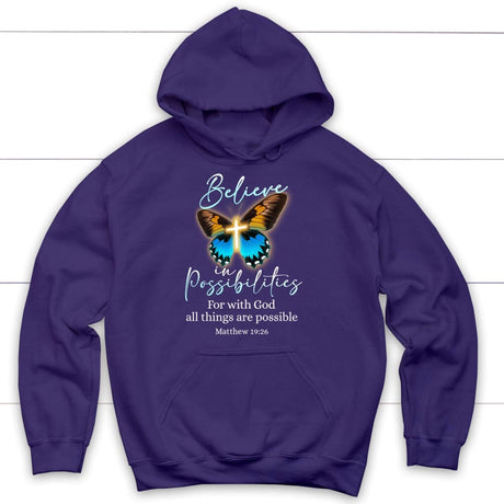 Christian hoodies: With God all things are possible cross butterfly Bible verse hoodie Purple / S