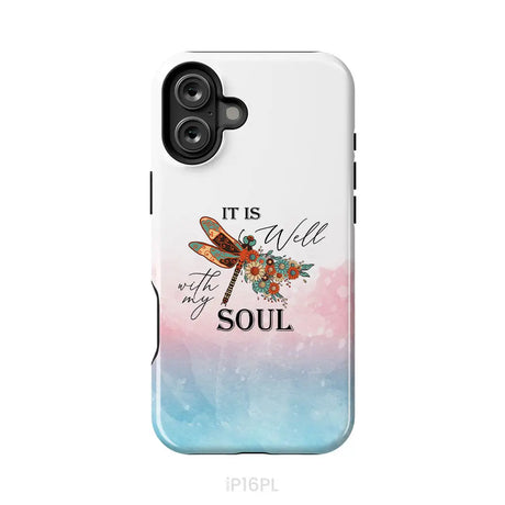 Christian Phone Case It Is Well With My Soul Dragonfly Flowers iPhone 16 Plus / Tough Case