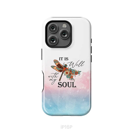 Christian Phone Case It Is Well With My Soul Dragonfly Flowers iPhone 16 Pro / Tough Case