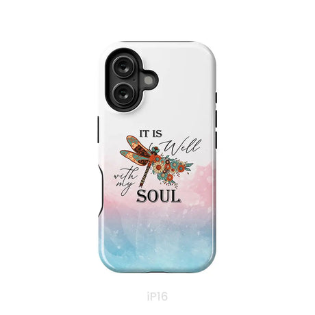 Christian Phone Case It Is Well With My Soul Dragonfly Flowers iPhone 16 / Tough Case