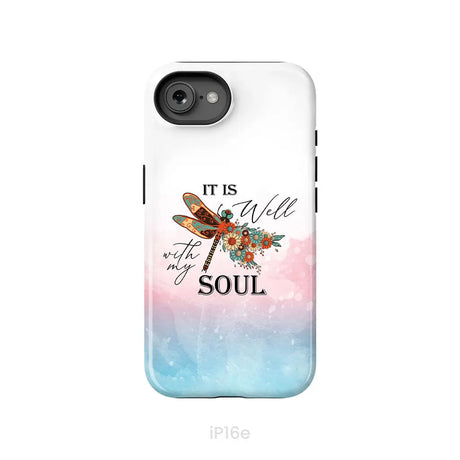 Christian Phone Case It Is Well With My Soul Dragonfly Flowers iPhone 16e / Tough Case