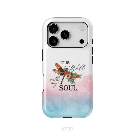 Christian Phone Case It Is Well With My Soul Dragonfly Flowers iPhone 17 Pro / Tough Case