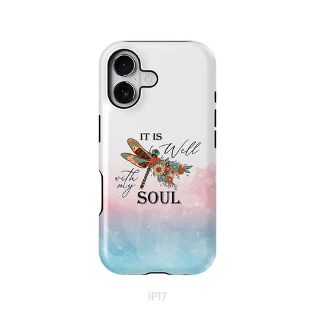 Christian Phone Case It Is Well With My Soul Dragonfly Flowers iPhone 17 / Tough Case