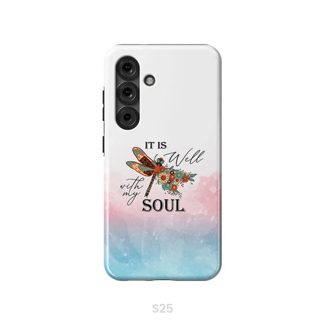 Christian Phone Case It Is Well With My Soul Dragonfly Flowers Samsung Galaxy S25 / Tough Case