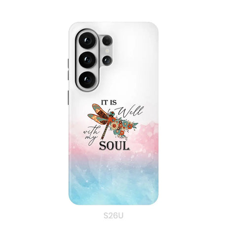 Christian Phone Case It Is Well With My Soul Dragonfly Flowers Samsung Galaxy S26 Ultra / Tough Case