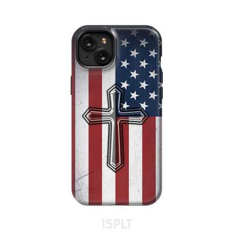 American Flag Cross Phone Case iPhone 15 Plus / Tough