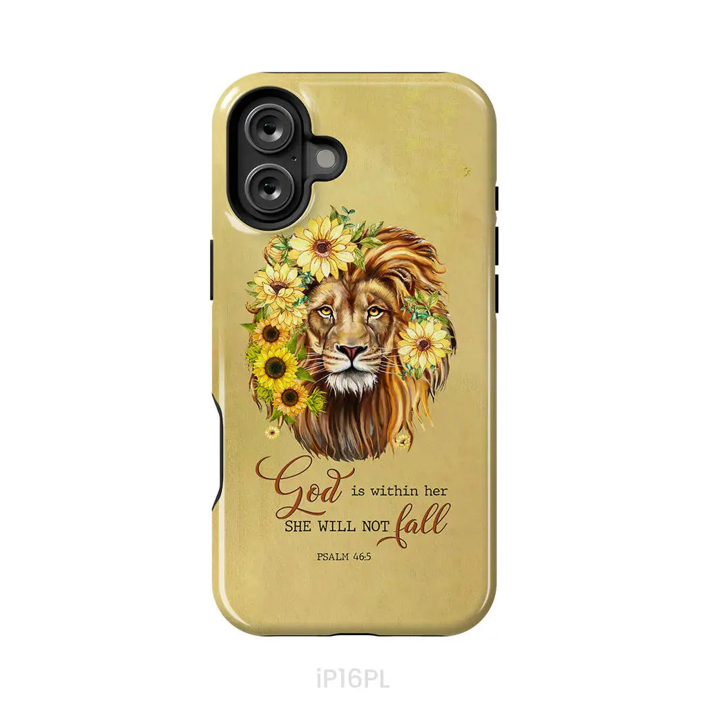 Christian phone cases: God is within her she will not fall sunflower lion phone case iPhone 16 Plus / Tough Case