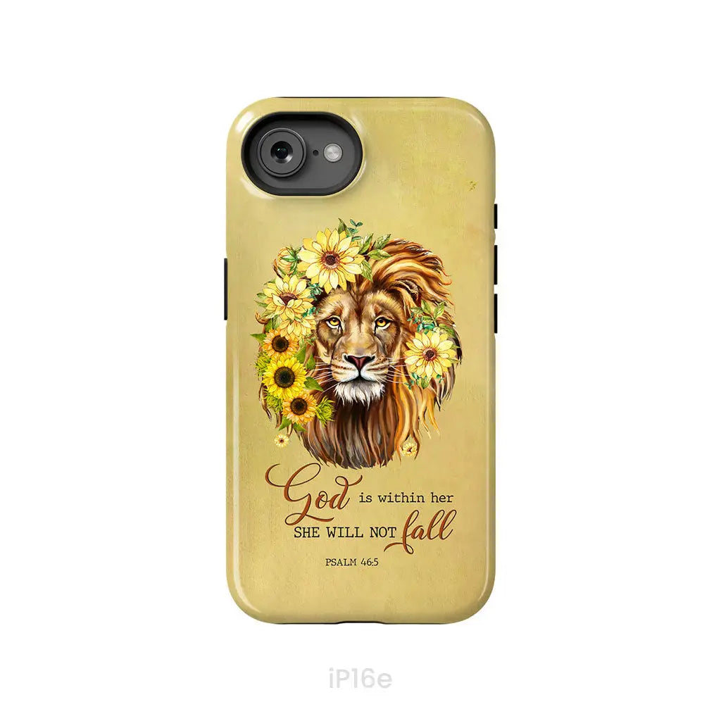 Christian phone cases: God is within her she will not fall sunflower lion phone case iPhone 16e / Tough Case