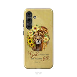 Christian phone cases: God is within her she will not fall sunflower lion phone case Samsung Galaxy S25 Plus / Tough