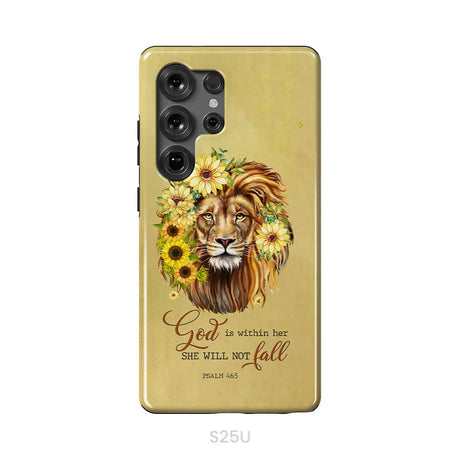 Christian phone cases: God is within her she will not fall sunflower lion phone case Samsung Galaxy S25 Ultra / Tough