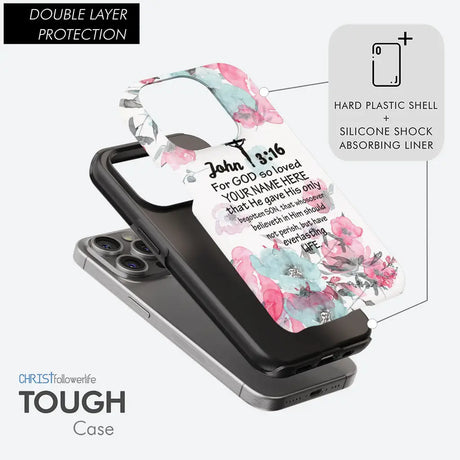 Personalized phone case featuring John 3:16 "God So Loved the World" with custom name, ideal for inspirational gifts.
