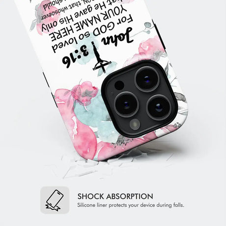Customizable phone case with John 3:16 Bible verse "God So Loved the World" and your name, perfect for Christian gifts.