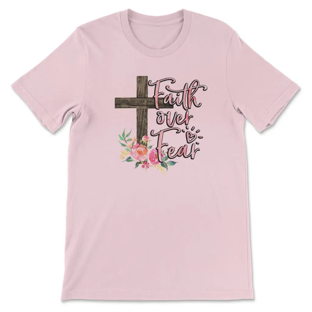 Christian T-shirts: Faith over fear cross with flowers t-shirt Pink / S