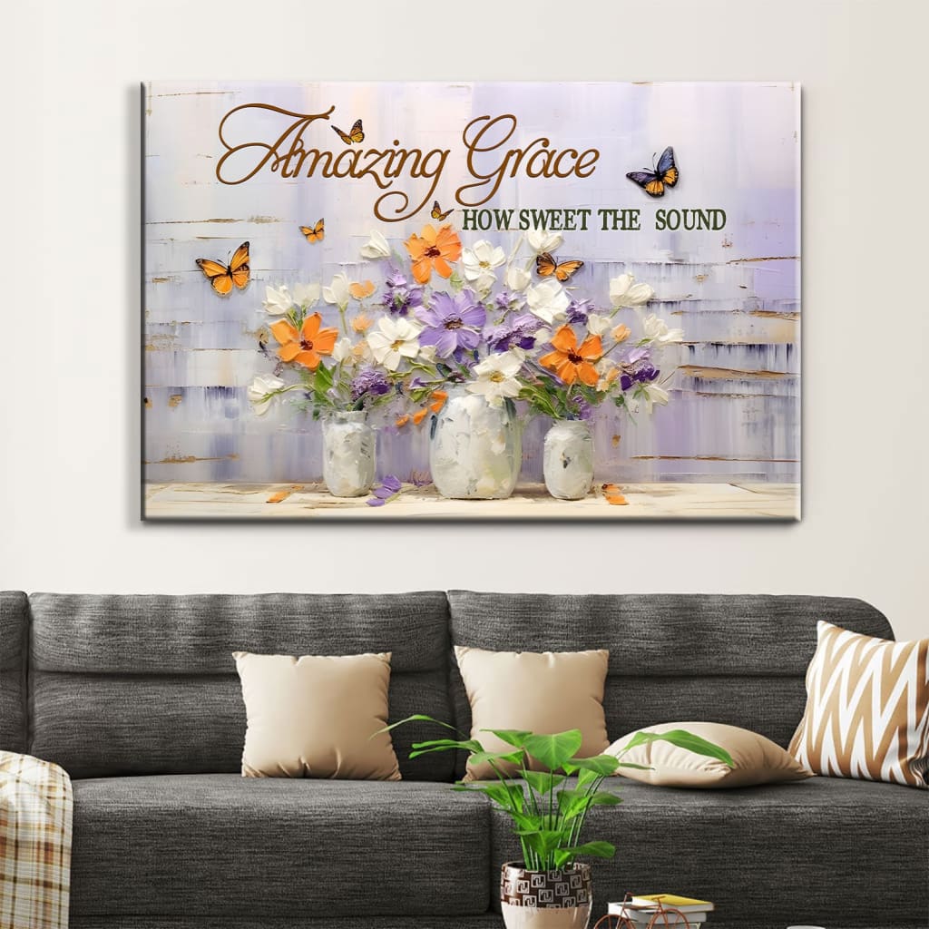 "Amazing Grace, how sweet the sound" wall art with butterfly and flower painting, perfect for Christian gifts.