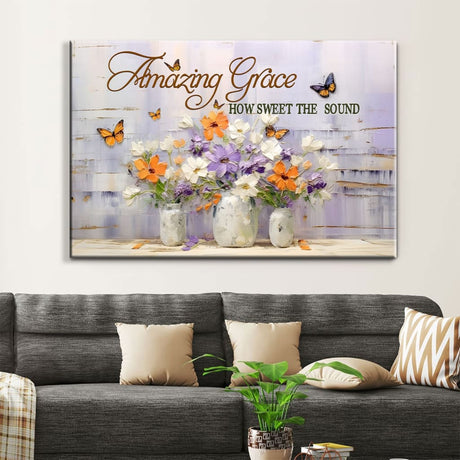 "Amazing Grace, how sweet the sound" wall art with butterfly and flower painting, perfect for Christian gifts.