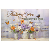 Inspirational wall art canvas featuring butterflies, flowers, and the hymn "Amazing Grace" for faith-based decor.