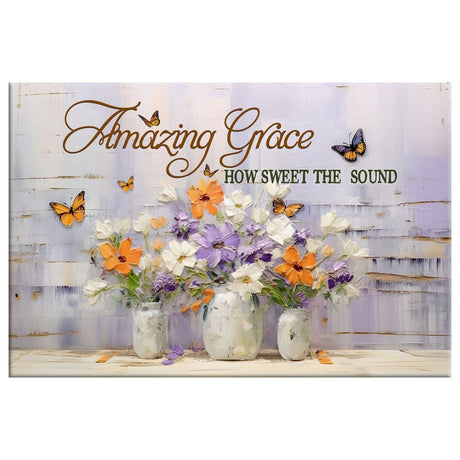 Inspirational wall art canvas featuring butterflies, flowers, and the hymn "Amazing Grace" for faith-based decor.