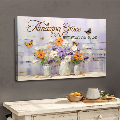 Christian wall art canvas with butterflies on flowers and "Amazing Grace, how sweet the sound" hymn.