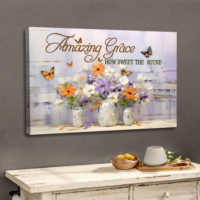 Christian wall art canvas with butterflies on flowers and "Amazing Grace, how sweet the sound" hymn.