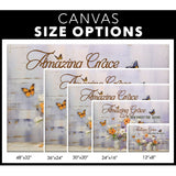 Christian decor canvas with butterfly and flower painting and "Amazing Grace, how sweet the sound" text / size options.