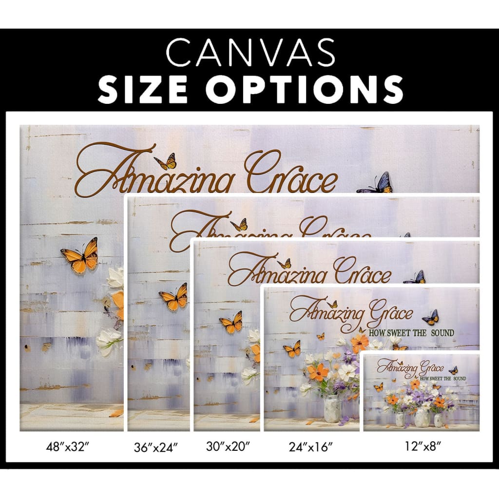 Christian decor canvas with butterfly and flower painting and "Amazing Grace, how sweet the sound" text / size options.