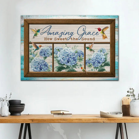 Christian Wall Art: Amazing Grace How Sweet The Sound Hummingbird Hydrangea Canvas Art