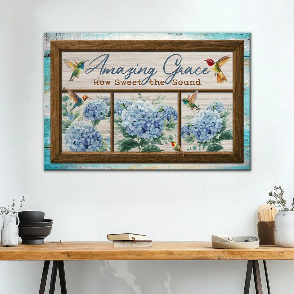 Christian Wall Art: Amazing Grace How Sweet The Sound Hummingbird Hydrangea Canvas Art
