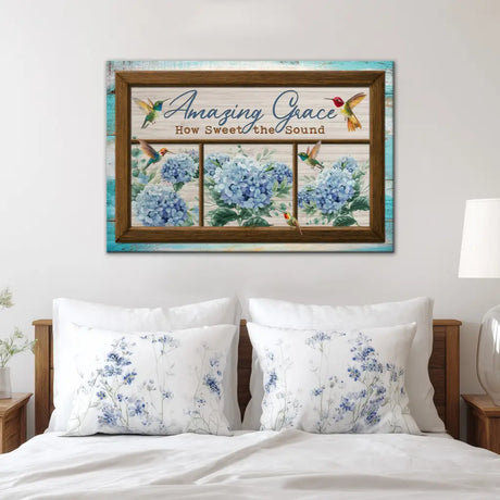 Amazing Grace wall décor, hummingbird and hydrangea design, Christian gift for encouragement and peace.