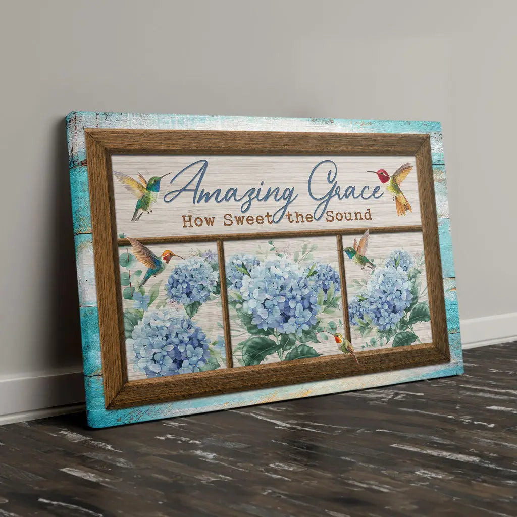 Christian wall art with Amazing Grace lyrics, hummingbird and hydrangea, faith-based gift for comfort and hope.