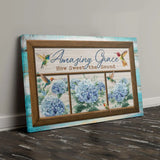 Christian wall art with Amazing Grace lyrics, hummingbird and hydrangea, faith-based gift for comfort and hope.