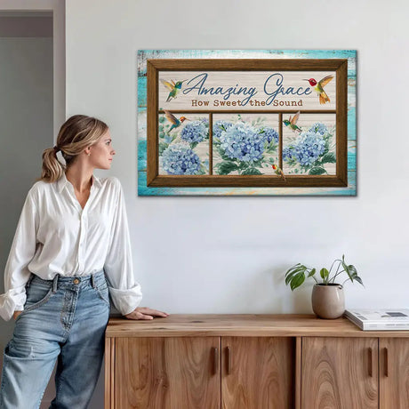 Inspirational Christian canvas with hymn quote and flowers, faith-filled gift for parents or new believers.